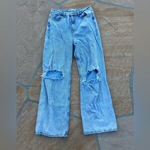 Zara Light Blue Ripped Wide Leg Jeans